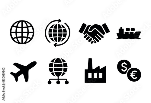 Minimalist global and trade icons — globe, handshake, and transport — stock vector.