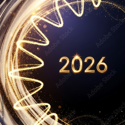 Golden spiral light trail with sparkling number 2026