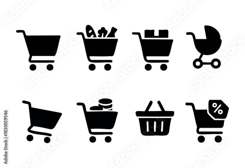 Minimalist shopping and e-commerce icons — cart, basket, and discount — stock vector.