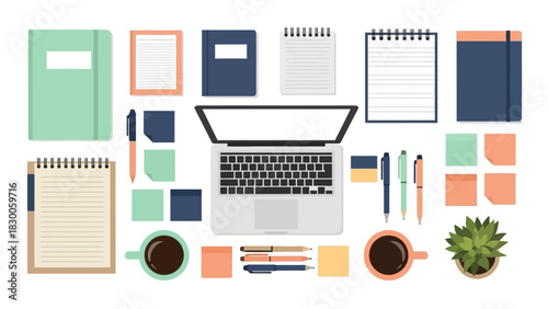 Flat lay office desk setup with laptop, notebooks, and stationery in pastel colors