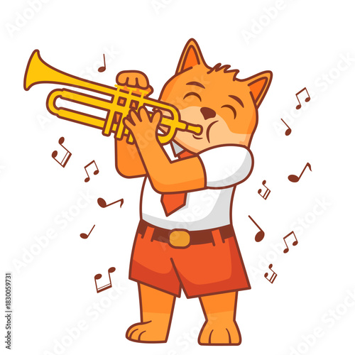 The dog plays the trumpet.Dog musician character.Line art hare vector illustration.The dog plays the trumpet.Dog musician character.Line art hare vector illustration.