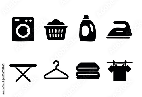 Minimalist laundry and cleaning icons — washing machine, iron, and detergent — stock vector.