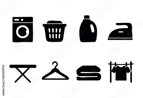 Minimalist laundry and cleaning icons — washing machine, iron, and detergent — stock vector.