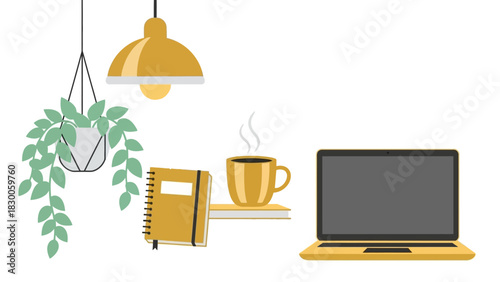 Cozy home workspace with laptop, coffee, and houseplant vectors in minimal flat design
