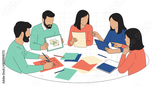 Collaborative team brainstorming session with digital devices and notes at round table