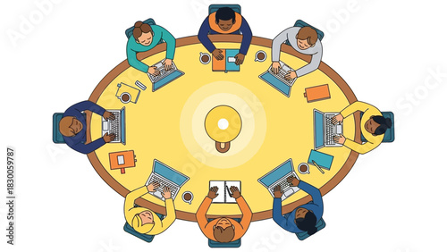 Diverse team collaboration around oval table with laptops and notebooks