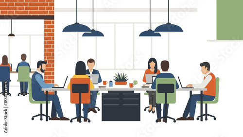 Modern office workspace with diverse team collaborating in open plan design