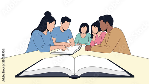 Collaborative study session with diverse group discussing open books