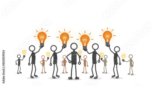 Creative stick figure teamwork with light bulb ideas