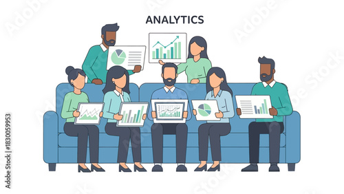 Diverse team analyzing data on devices in modern office setting