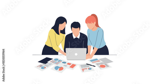 Collaborative teamwork meeting with business charts and laptop in flat design