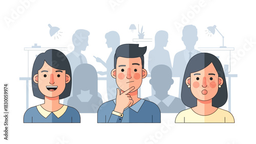 Flat design characters with diverse expressions in office environment