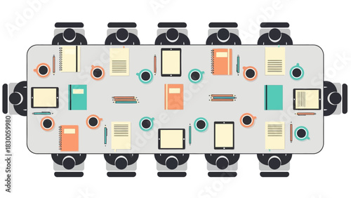Flat design meeting room table with office supplies and technology for collaborative work