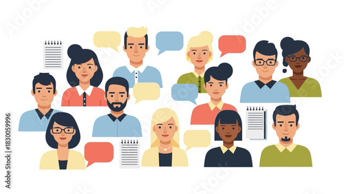 Diverse group of people engaging in communication with speech bubbles and notepads