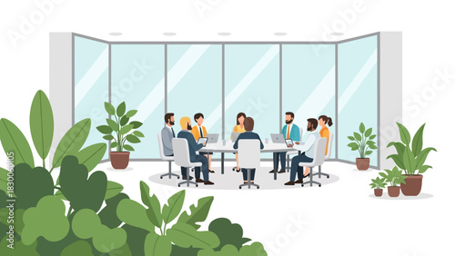 Modern office meeting scene with diverse team in collaborative workspace