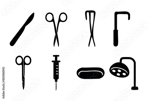 Minimalist medical and surgical tool icons — scalpel, scissors, and syringe — stock vector.