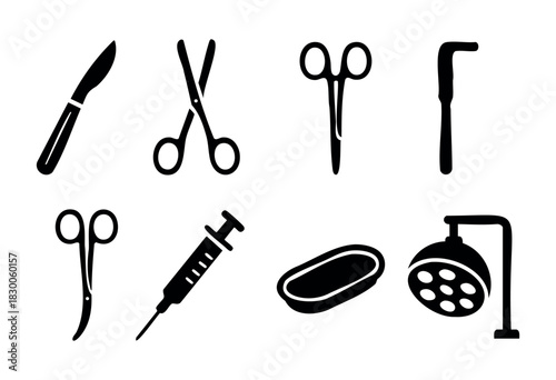 Minimalist medical and surgical tool icons — scalpel, scissors, and syringe — stock vector.