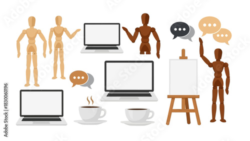Wooden articulated figures with laptops, coffee, speech bubbles, and easel in flat design