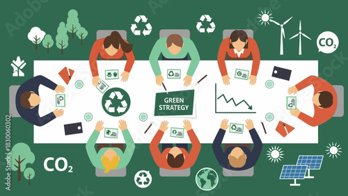 Business team meeting on eco-friendly strategy with renewable energy icons