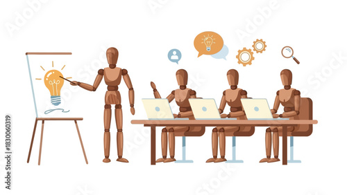 Brainstorming with wooden mannequins in a creative office setting