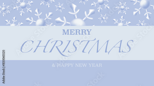 Merry Christmas and Happy New Year greeting card. Holiday minimalist banner design with flying snowflakes in soft pastel blue and white colours with glossy 3d render effect. Vector illustration.