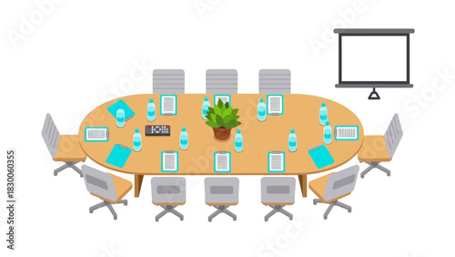 Isometric office conference room setup with table and chairs