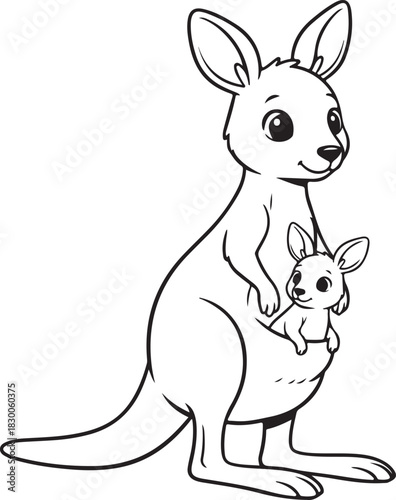 Kangaroo mother and joey in pouch vector line art cartoon outline for children's coloring book or educational activity