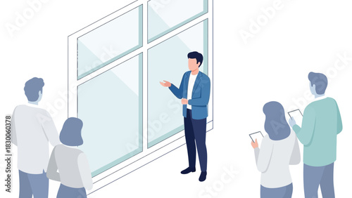 Isometric team meeting near window with presentations and discussions