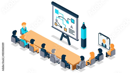 Isometric business meeting with presentation and video conference setup