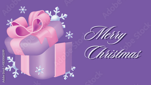 Merry Christmas and Happy New Year greeting card. Holiday minimalist banner design with flying snowflakes around purple with pink gift box with open lid in 3d render effect. Vector illustration.