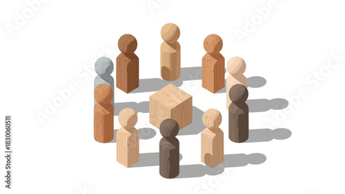 Minimalist wooden figures gathering in circle around cube