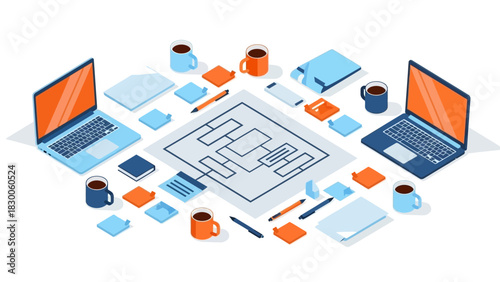 Office workspace with laptops and stationery in isometric view