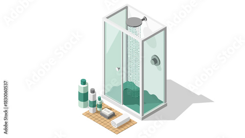 Modern isometric shower setup with glass enclosure and bath essentials