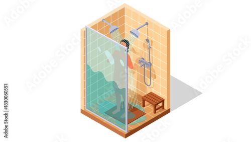 Isometric bathroom with glass shower and dual showerheads