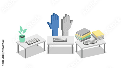 Isometric office workspace with raised hands and desks