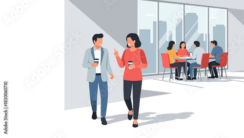 Office collaboration and coffee break conversations in modern business environment