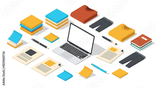 Isometric office workspace with laptop, documents, and office supplies
