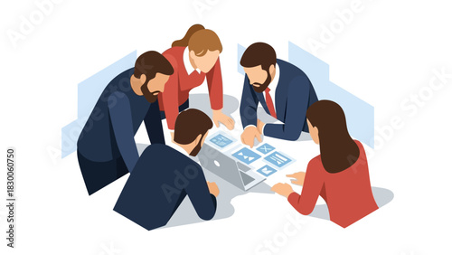 Team collaboration in office setting: an isometric design depicting creative idea sharing