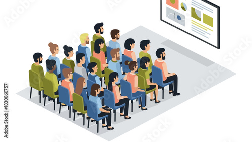 Diverse audience watching presentation in isometric style