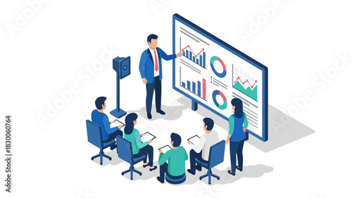 Isometric business presentation with graphs and charts in office setting