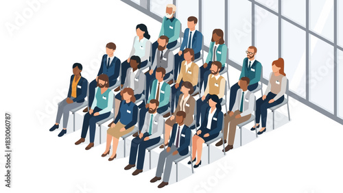 Diverse group of professionals at business conference in modern office setting