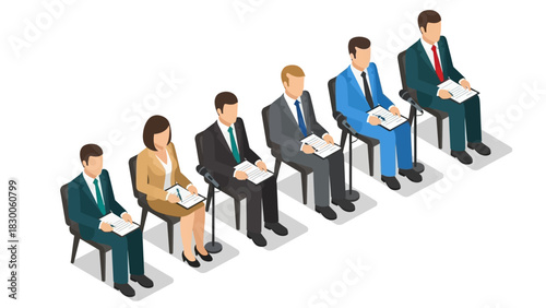 Business meeting and conference attendees in isometric style sitting with notebooks