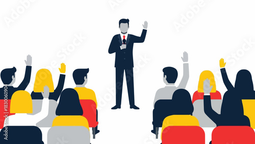Business speaker addressing audience in seminar with raised hands in flat design