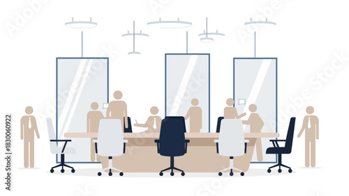 Collaborative office meeting in modern workspace with simplified figures and minimalist design