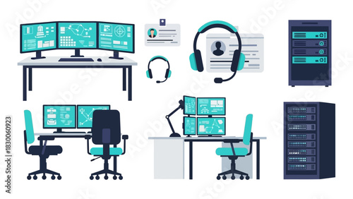 Modern office setup with computer monitors and server equipment in flat design