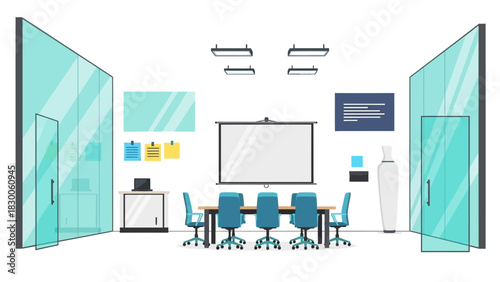 Modern office conference room with glass walls and minimalist design elements