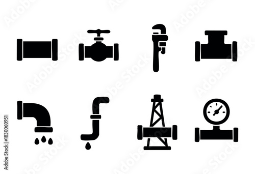 Flat vector icons of pipeline construction and plumbing — pipes, valves, and gauges — stock vector.