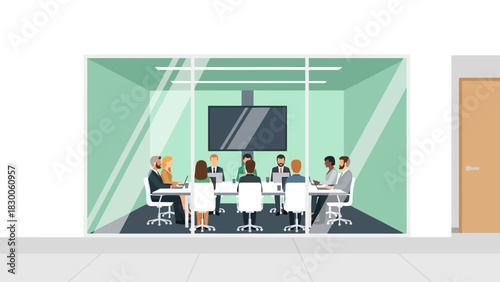 Modern office meeting with diverse professionals in a glass-walled conference room