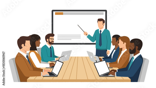 Business meeting in modern office with diverse team collaborating on laptops