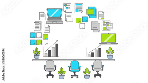 Modern office workspace with laptops and graphs in linear style